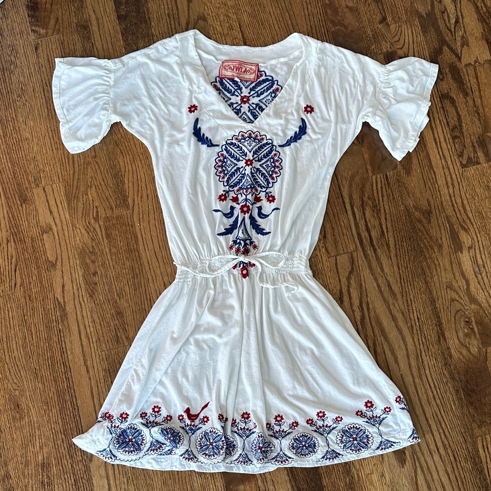 Johnny Was White and Blue Embroidered Mini Dress